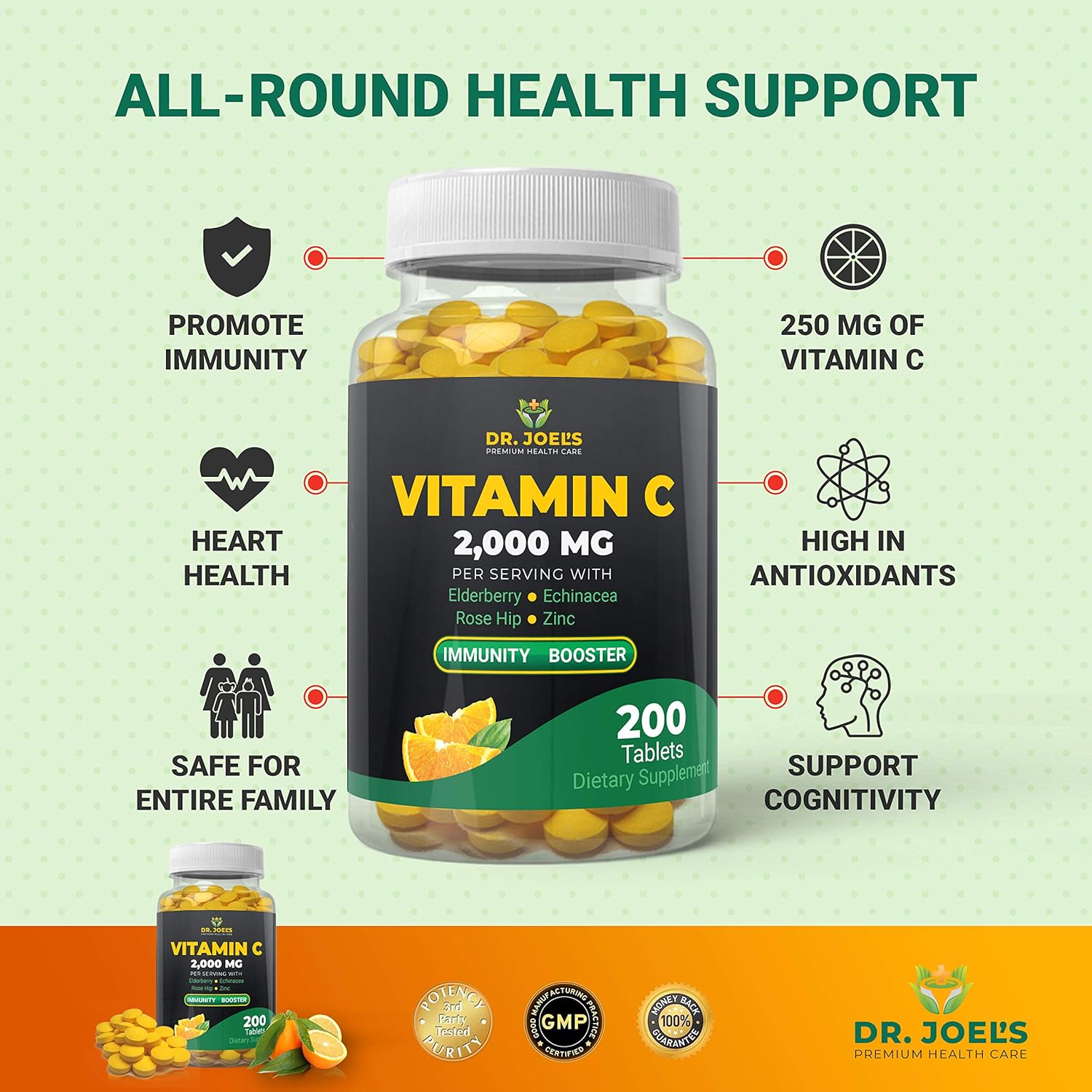 Immune Support Vitamin C 2000 mg with Zinc, Elderberry, Rose Hip, Echinacea - 200 Tablets - Boosts Immune System - Made in USA by Dr. JOEL.