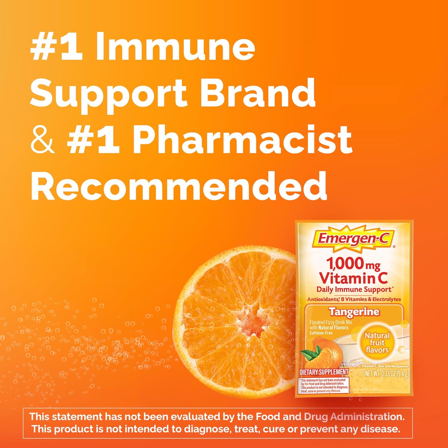 Immune Support Vitamin C Powder Mix - 1000mg, Antioxidants, B Vitamins, Electrolytes - Tangerine Flavor, 60 Count