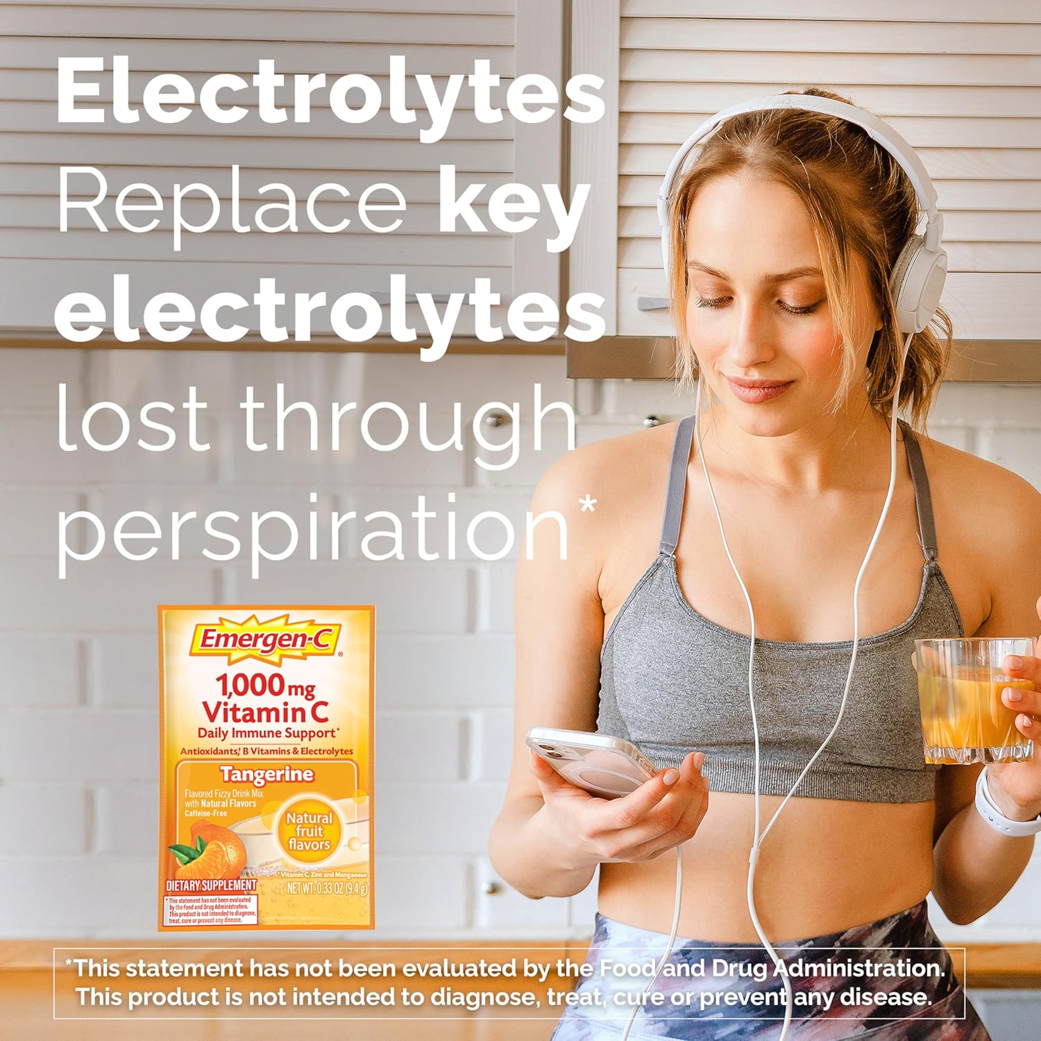 Immune Support Vitamin C Powder Mix - 1000mg, Antioxidants, B Vitamins, Electrolytes - Tangerine Flavor, 60 Count