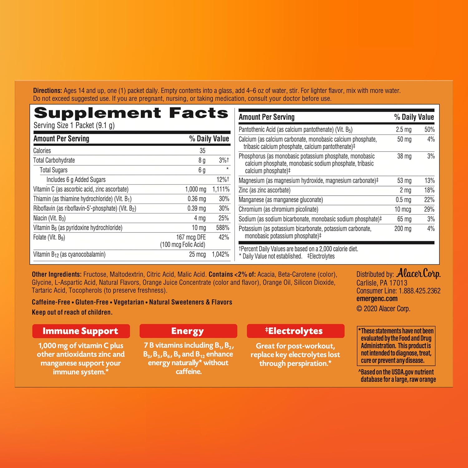 Immune Support Vitamin C Powder Mix - 1000mg, Antioxidants, B Vitamins, Electrolytes - Tangerine Flavor, 60 Count