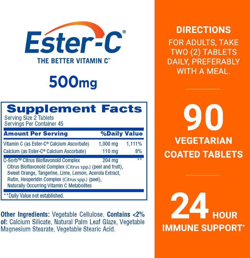 Immune Support Vitamin C Supplement: Ester-C 500 mg 24 Hour Tablets, 90 Count