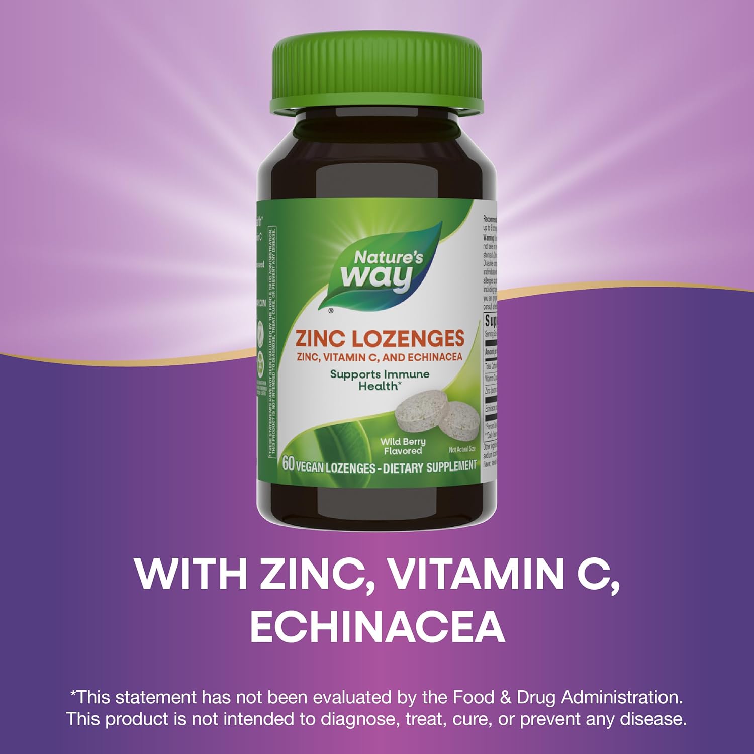 Immune Support Zinc Lozenges with Vitamin C and Echinacea, 60 Wild Berry Flavored Lozenges
