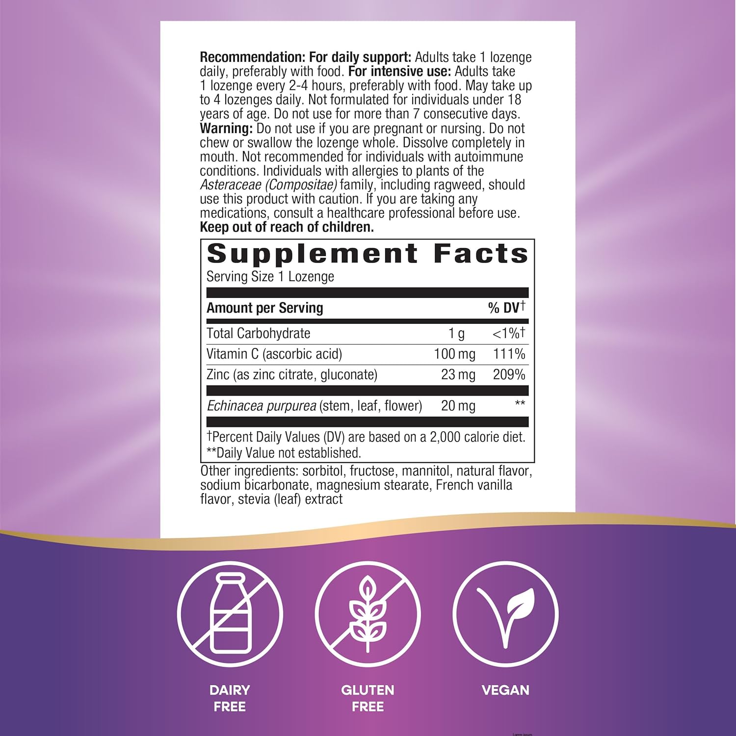 Immune Support Zinc Lozenges with Vitamin C and Echinacea, 60 Wild Berry Flavored Lozenges