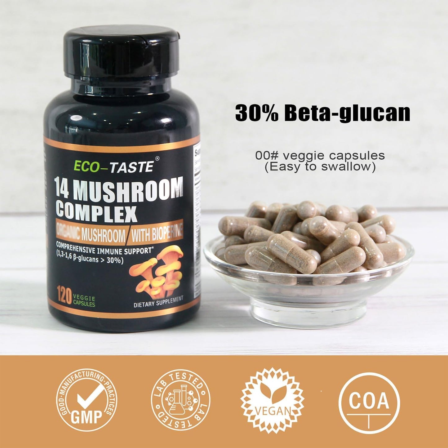 Immune System Booster & Brain Supplement - 14 Mushroom Capsules with Lion’s Mane, Reishi, Maitake, Turkey Tail, Chaga, Black Pepper - 30% Beta-Glucan for Absorption