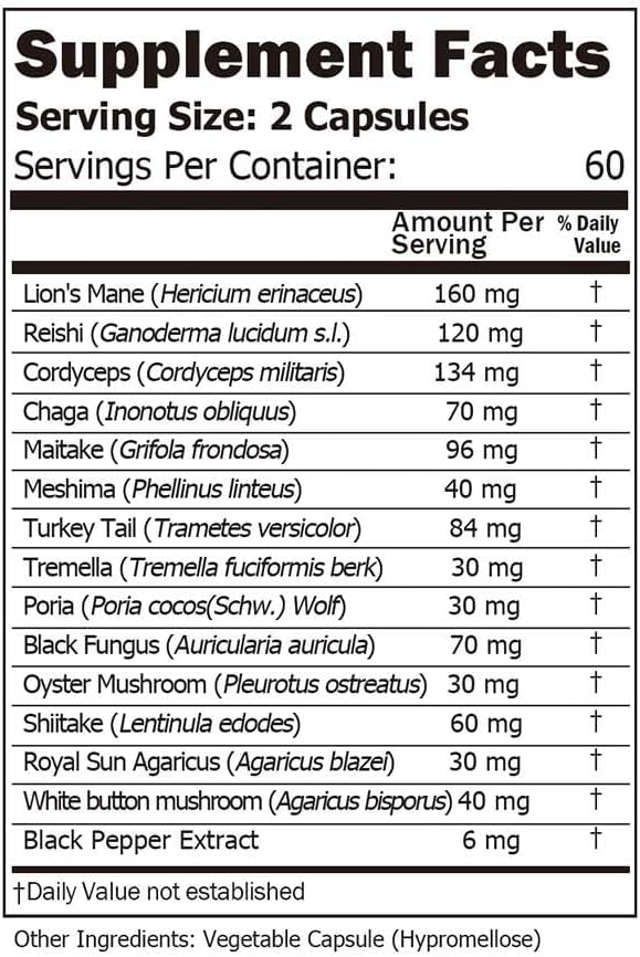 Immune System Booster & Brain Supplement - 14 Mushroom Capsules with Lion’s Mane, Reishi, Maitake, Turkey Tail, Chaga, Black Pepper - 30% Beta-Glucan for Absorption