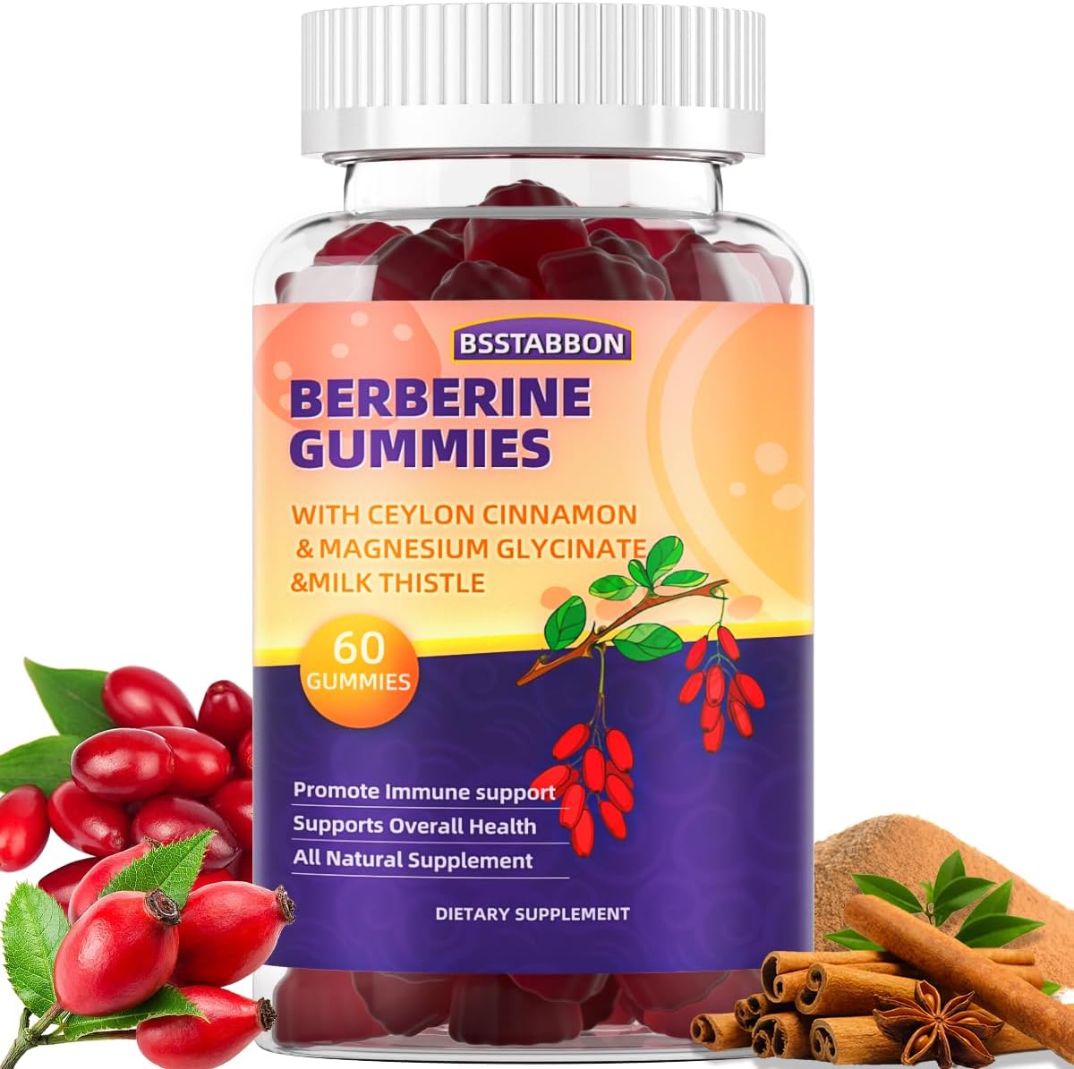 Immune System Support Berberine Gummies with Ceylon Cinnamon for Men and Women - 60 Gummies