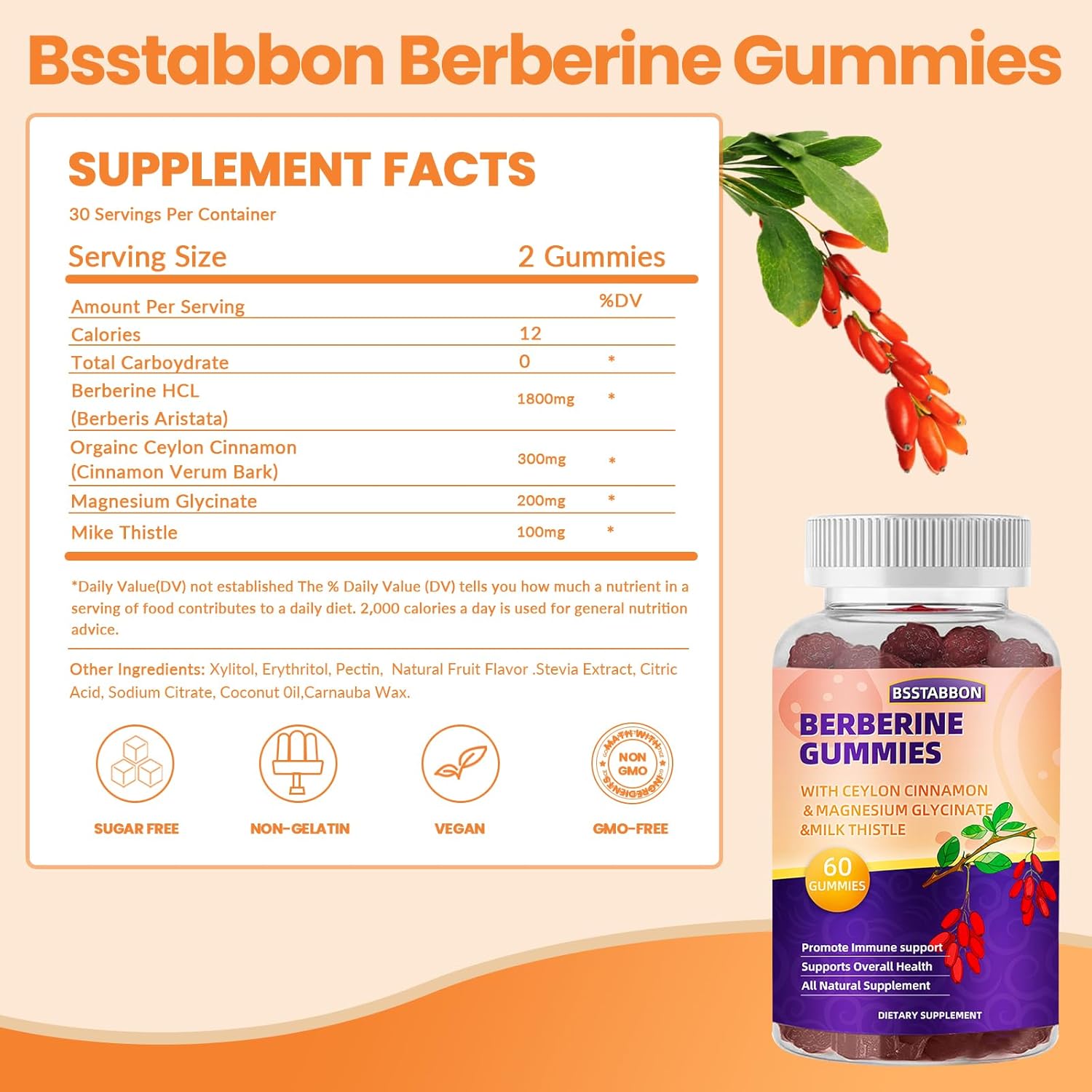 Immune System Support Berberine Gummies with Ceylon Cinnamon for Men and Women - 60 Gummies