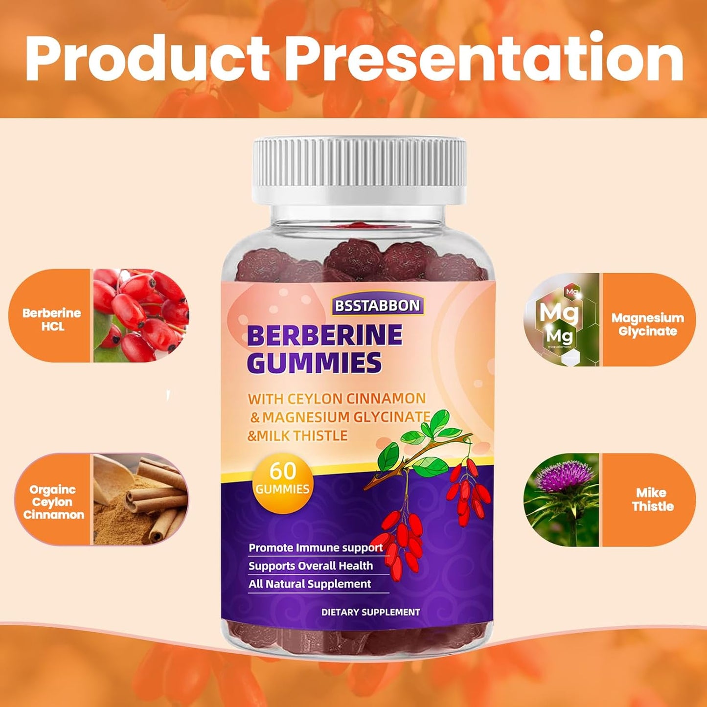 Immune System Support Berberine Gummies with Ceylon Cinnamon for Men and Women - 60 Gummies