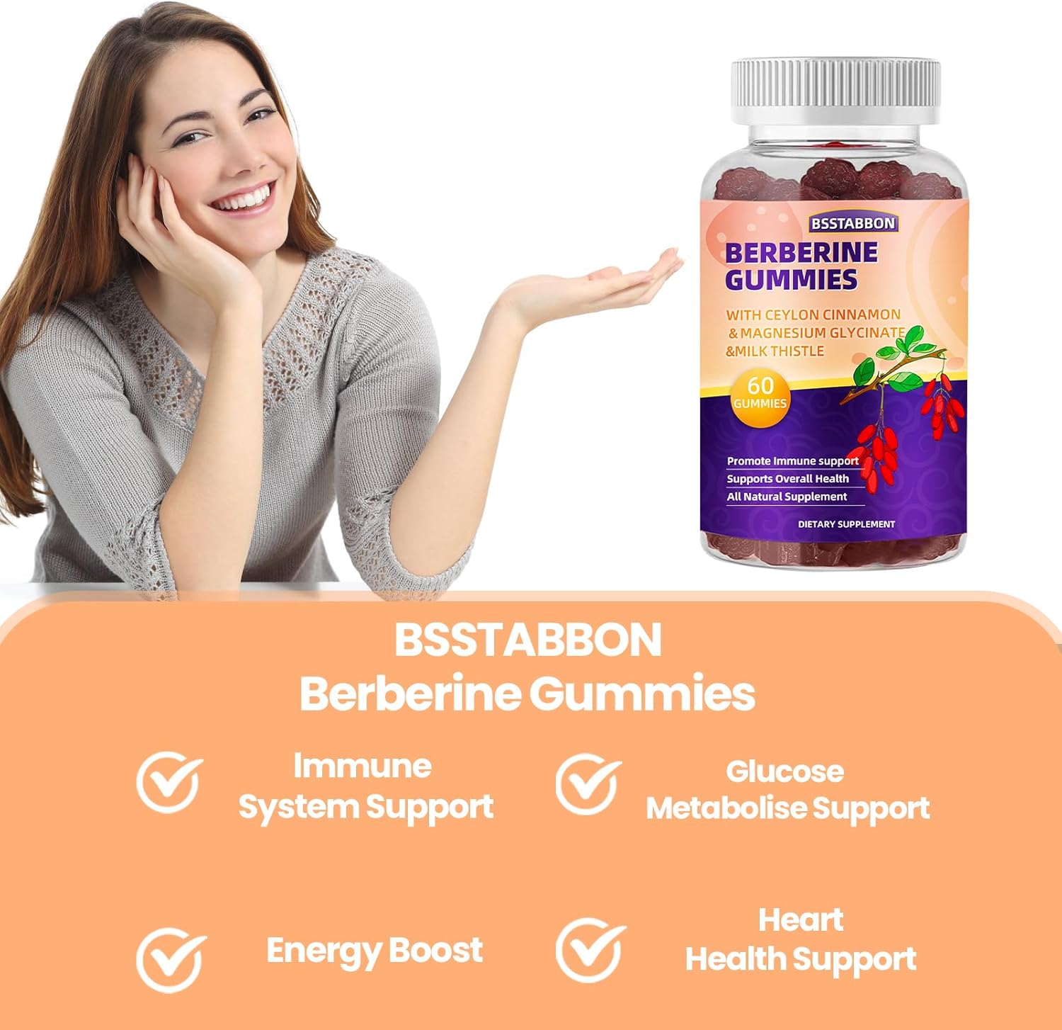 Immune System Support Berberine Gummies with Ceylon Cinnamon for Men and Women - 60 Gummies