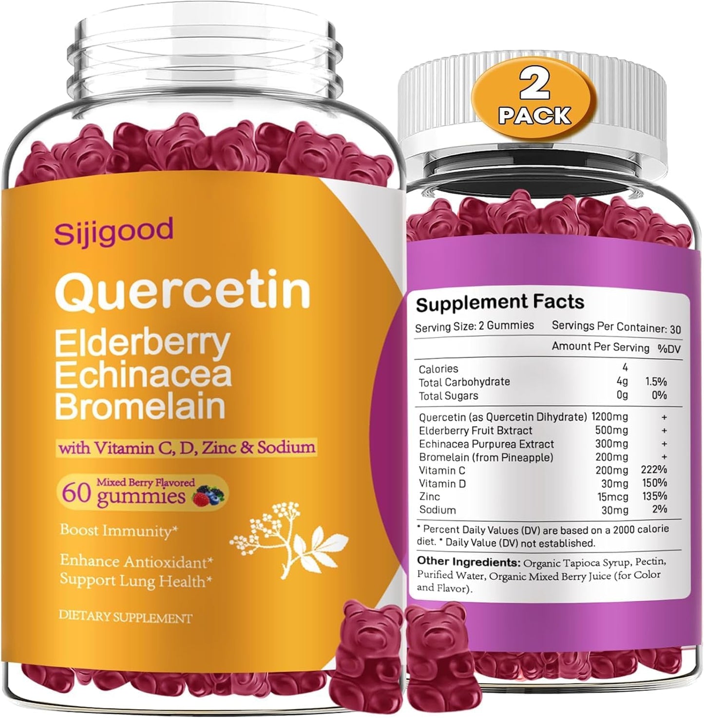 Immune System Support Gummies with Quercetin, Bromelain, Elderberry, Echinacea, Vitamin C, Zinc - 120 Count for Kids & Adults
