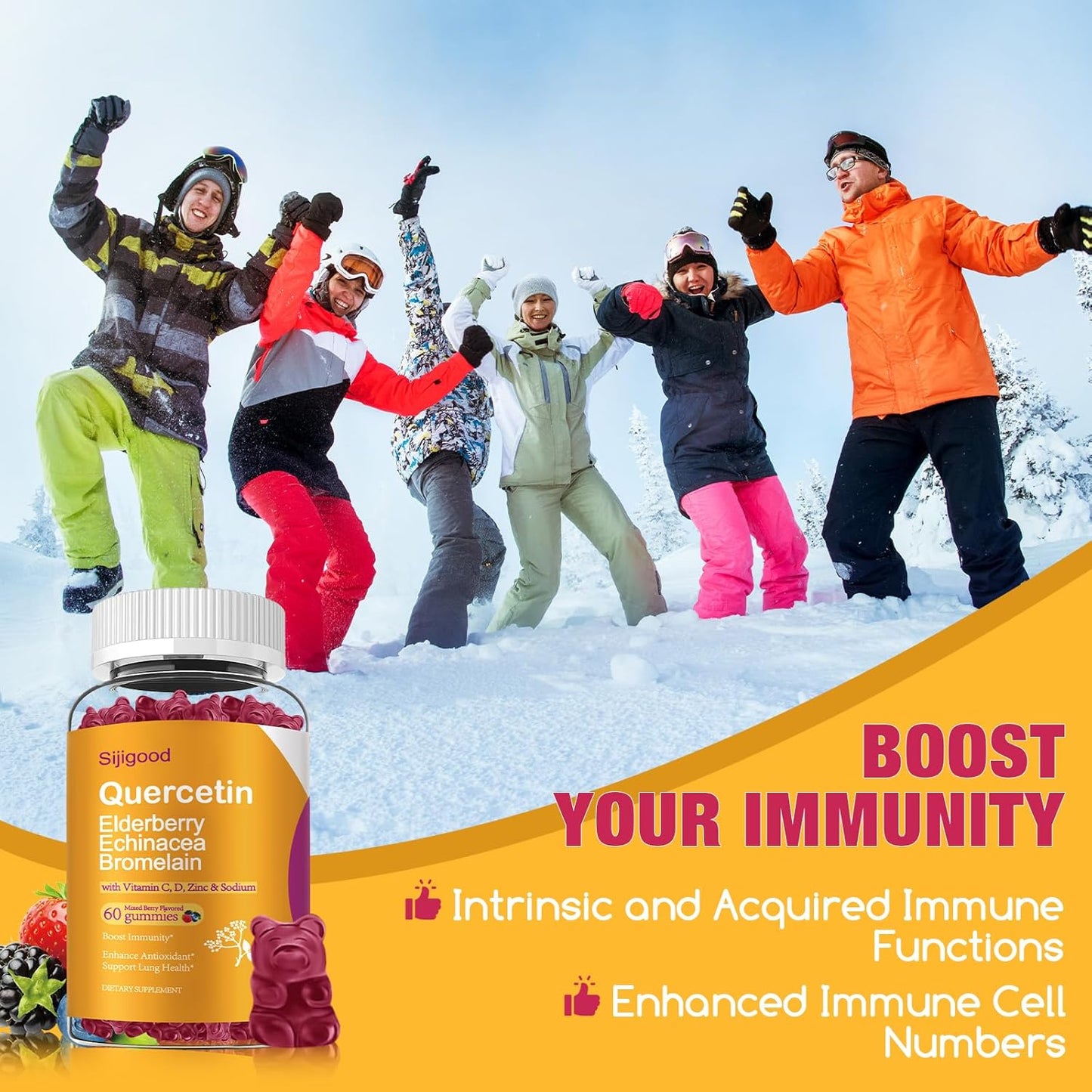 Immune System Support Gummies with Quercetin, Bromelain, Elderberry, Echinacea, Vitamin C, Zinc - 120 Count for Kids & Adults