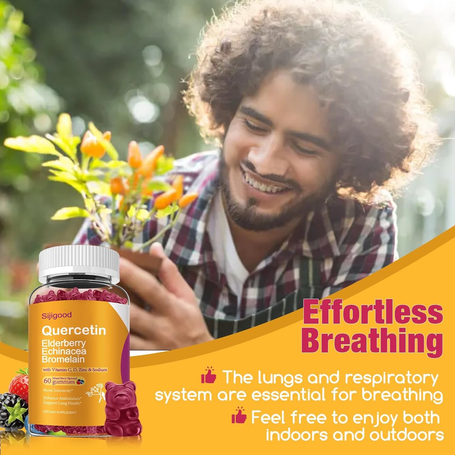 Immune System Support Gummies with Quercetin, Bromelain, Elderberry, Echinacea, Vitamin C, Zinc - 120 Count for Kids & Adults