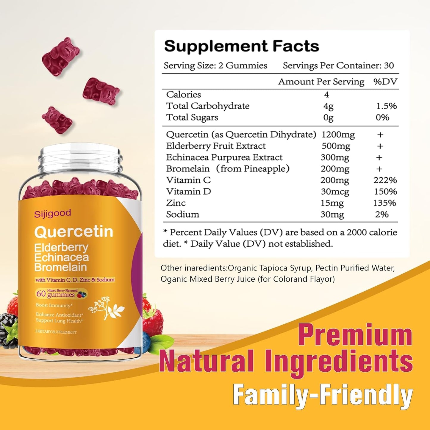 Immune System Support Gummies with Quercetin, Bromelain, Elderberry, Echinacea, Vitamin C, Zinc - 120 Count for Kids & Adults