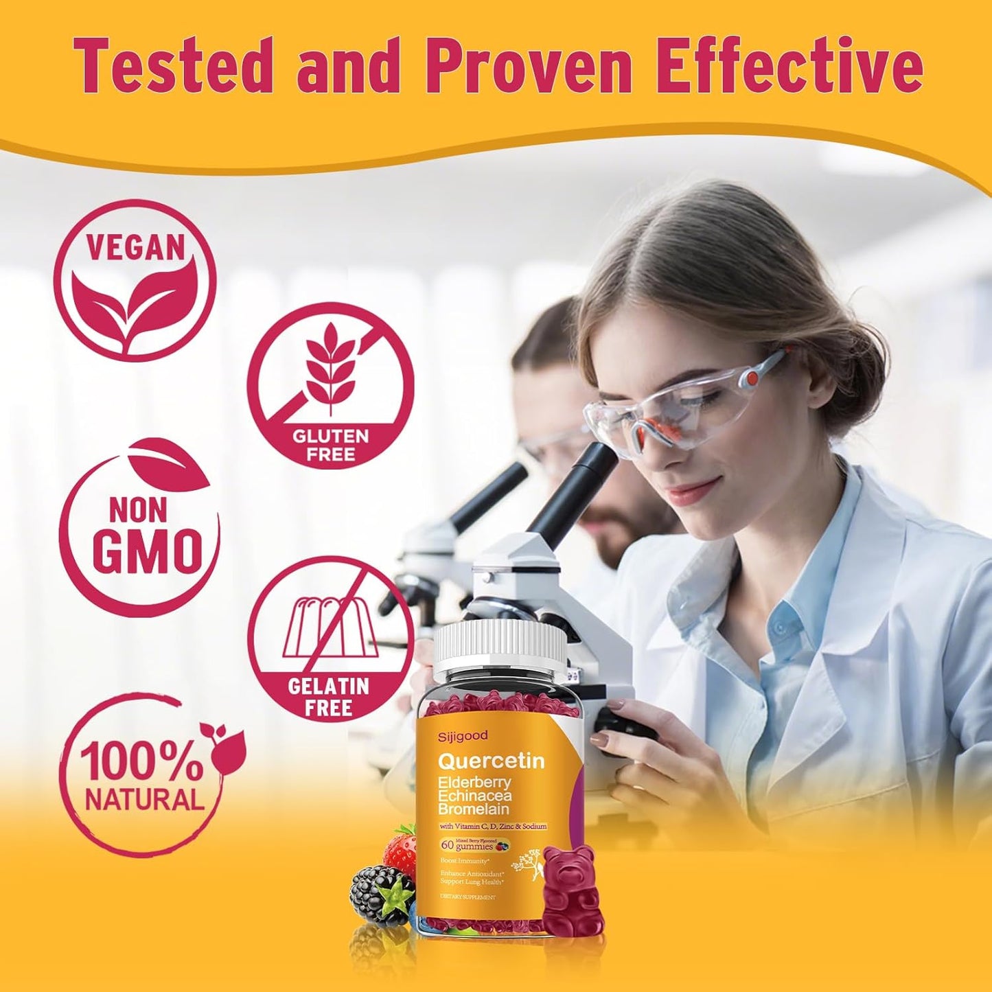 Immune System Support Gummies with Quercetin, Bromelain, Elderberry, Echinacea, Vitamin C, Zinc - 120 Count for Kids & Adults