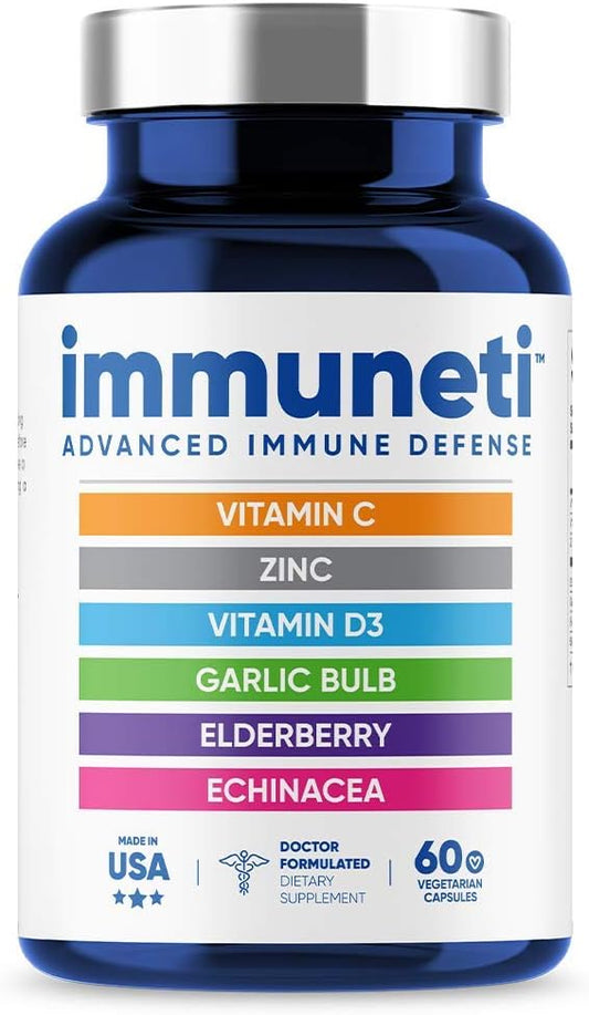 Immuneti Nutrition: Advanced Immune Defense with Vitamin C, D3, Zinc, Elderberries, Garlic Bulb, Echinacea - Supports Health & Provides Antioxidants