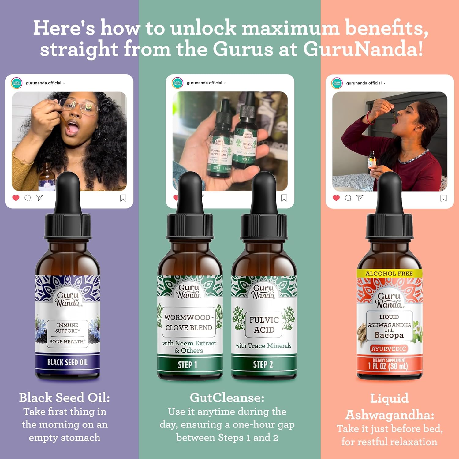 Immunity and Mind Care Boost with GuruNanda Liquid Ashwagandha, Black Seed Oil & GutCleanse