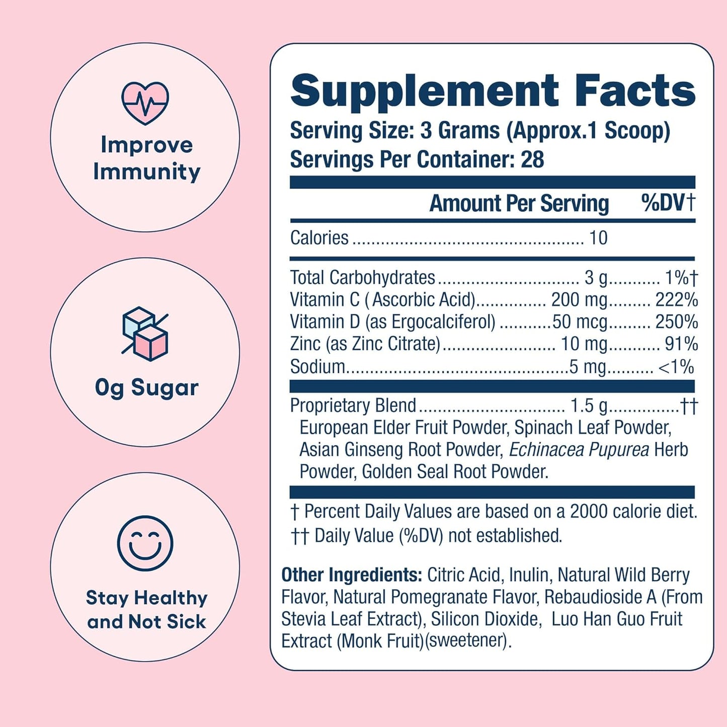 Immunity Boost Powder - Wing Woman Berry Pomegranate - Vegan, No Sugar, Gluten Free, Non-GMO - 28 Servings