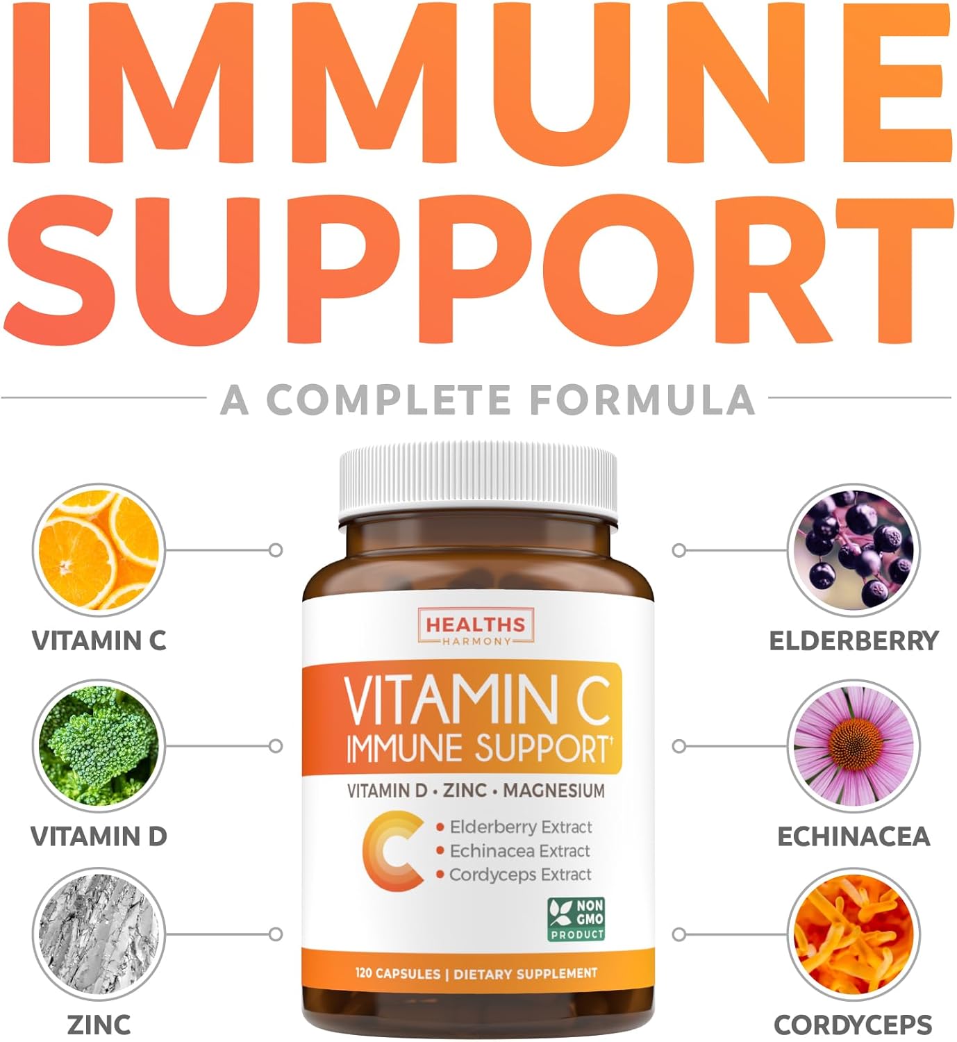 Immunity Boost Supplement with Elderberry, Vitamin C, Zinc, Magnesium, and D - 60 Day Supply for Daily and Seasonal Support by Healths Harmony
