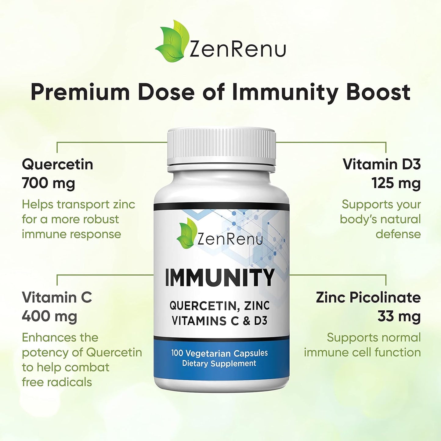 Immunity Booster: Zenrenu Quercetin 700mg Supplement with Zinc, Vitamin C, D, and Curcumin - 100 Vegetarian Capsules