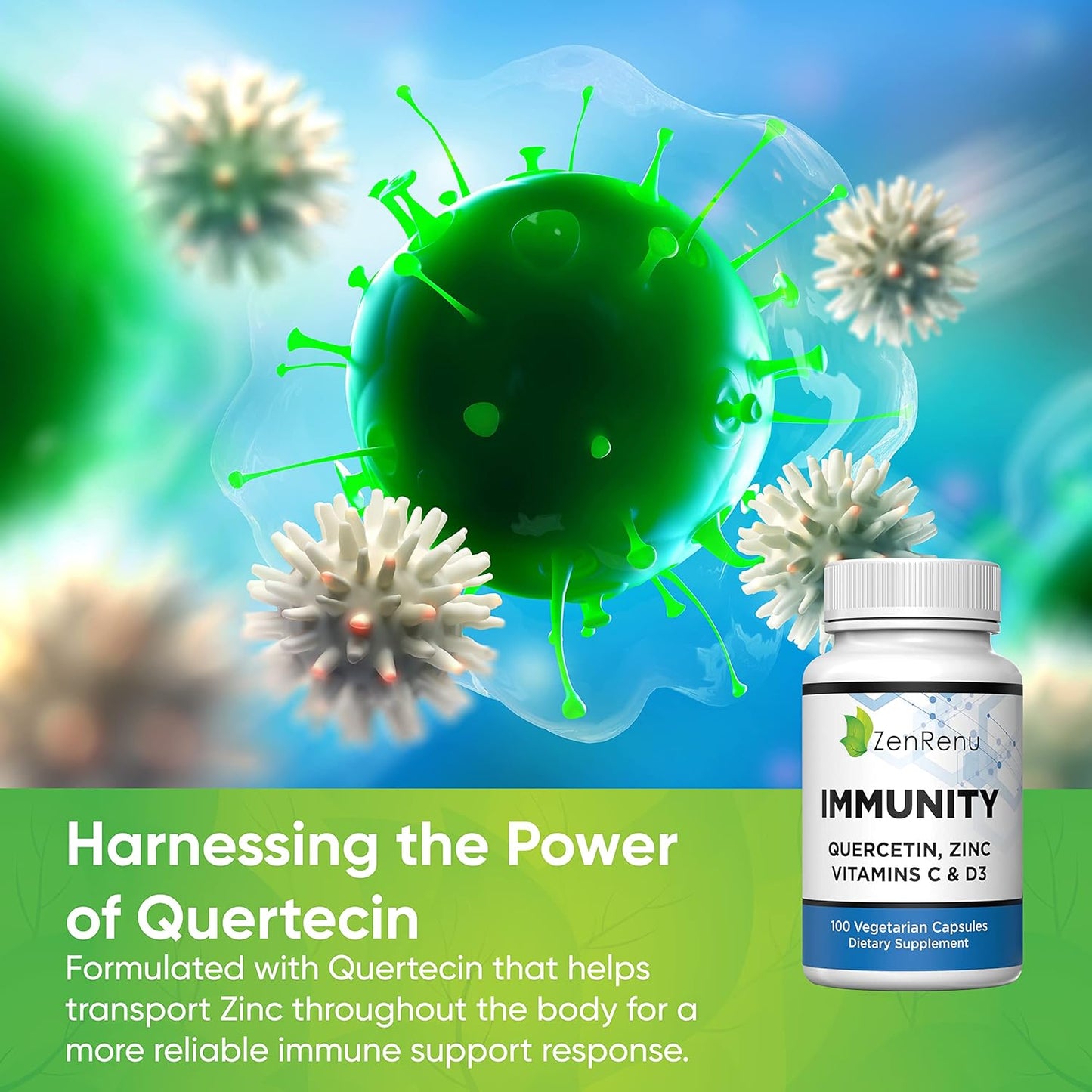 Immunity Booster: Zenrenu Quercetin 700mg Supplement with Zinc, Vitamin C, D, and Curcumin - 100 Vegetarian Capsules