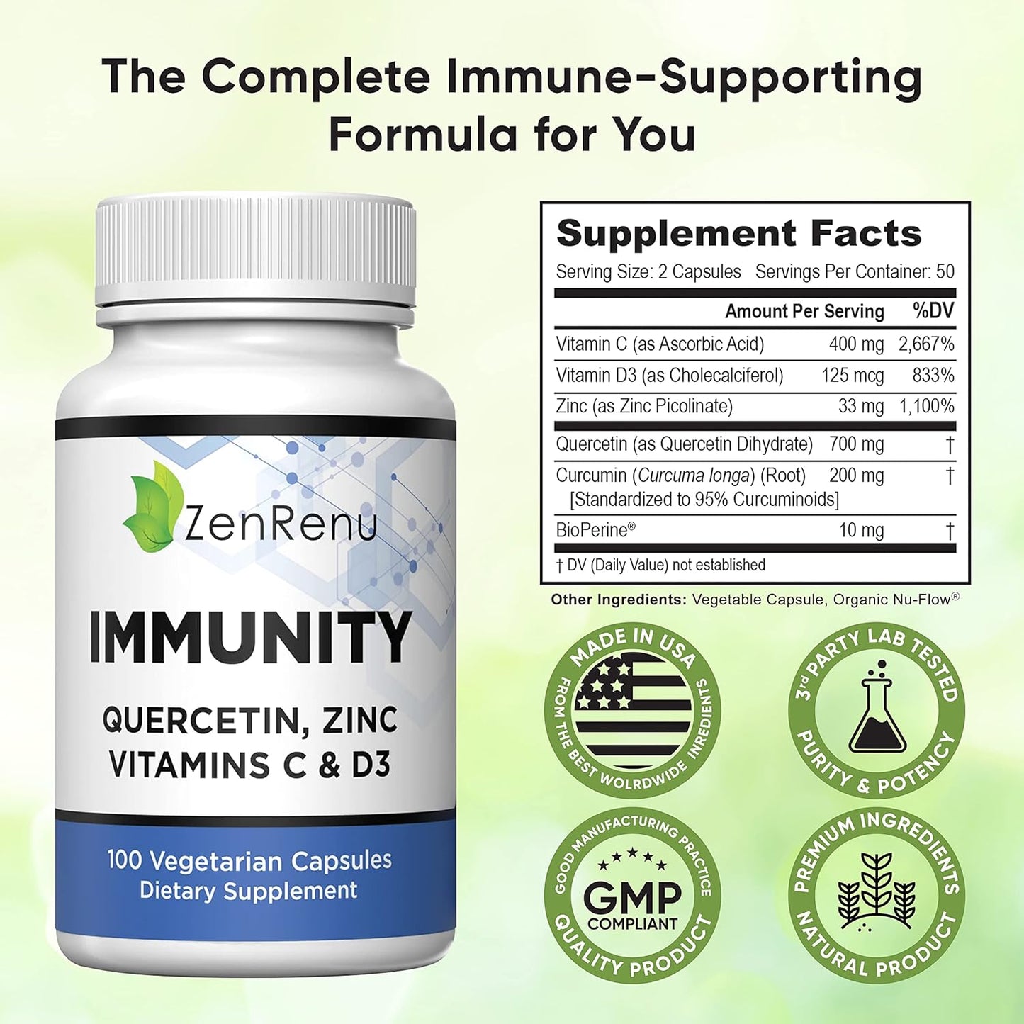 Immunity Booster: Zenrenu Quercetin 700mg Supplement with Zinc, Vitamin C, D, and Curcumin - 100 Vegetarian Capsules