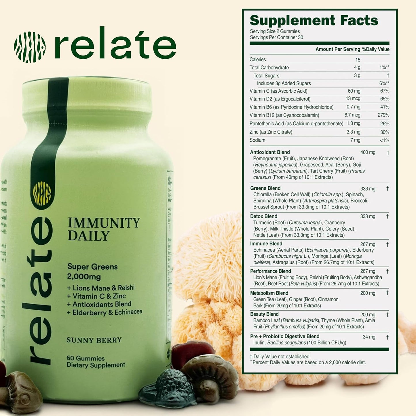 Immunity Daily Gummies - Super Greens, Lion's Mane, Reishi, Vitamin C, Zinc, Antioxidant Blend with Elderberry, Echinacea - Sunny Berry, 60 Count