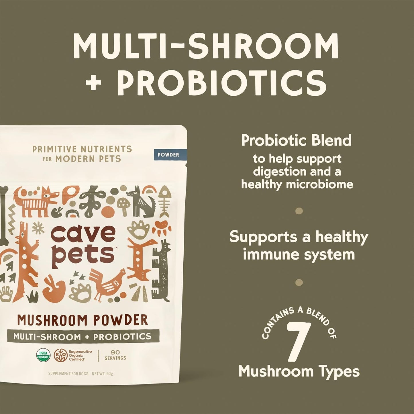 Immunity & Digestive Health Support Dog Probiotic Powder with Multi-Shroom Blend - 90 Servings