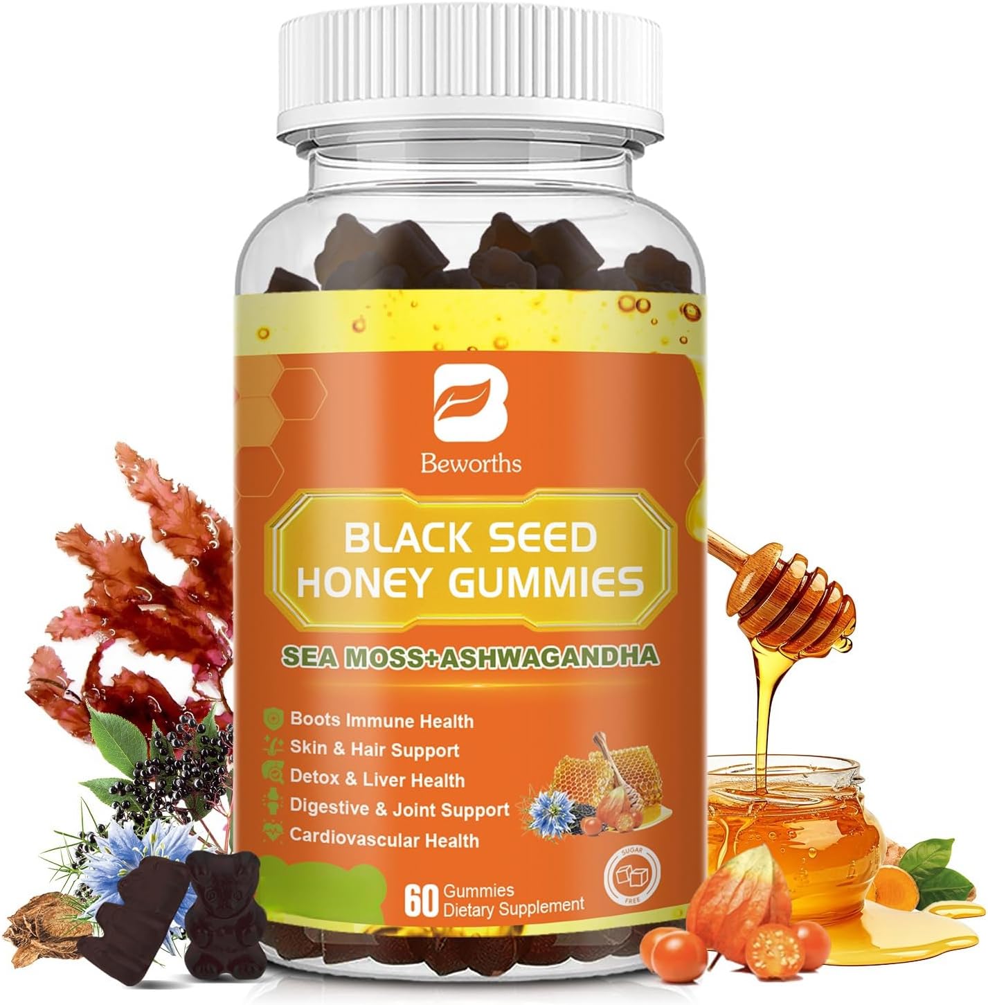 Immunity Support Gummies with Black Seed Oil, Sea Moss, Ashwagandha, Elderberry, and Vitamins - Vegan, 60 Count