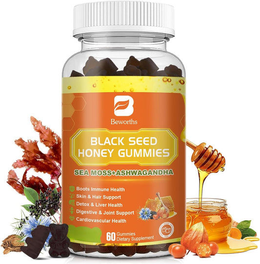 Immunity Support Gummies with Black Seed Oil, Sea Moss, Ashwagandha, Elderberry, and Vitamins - Vegan, 60 Count