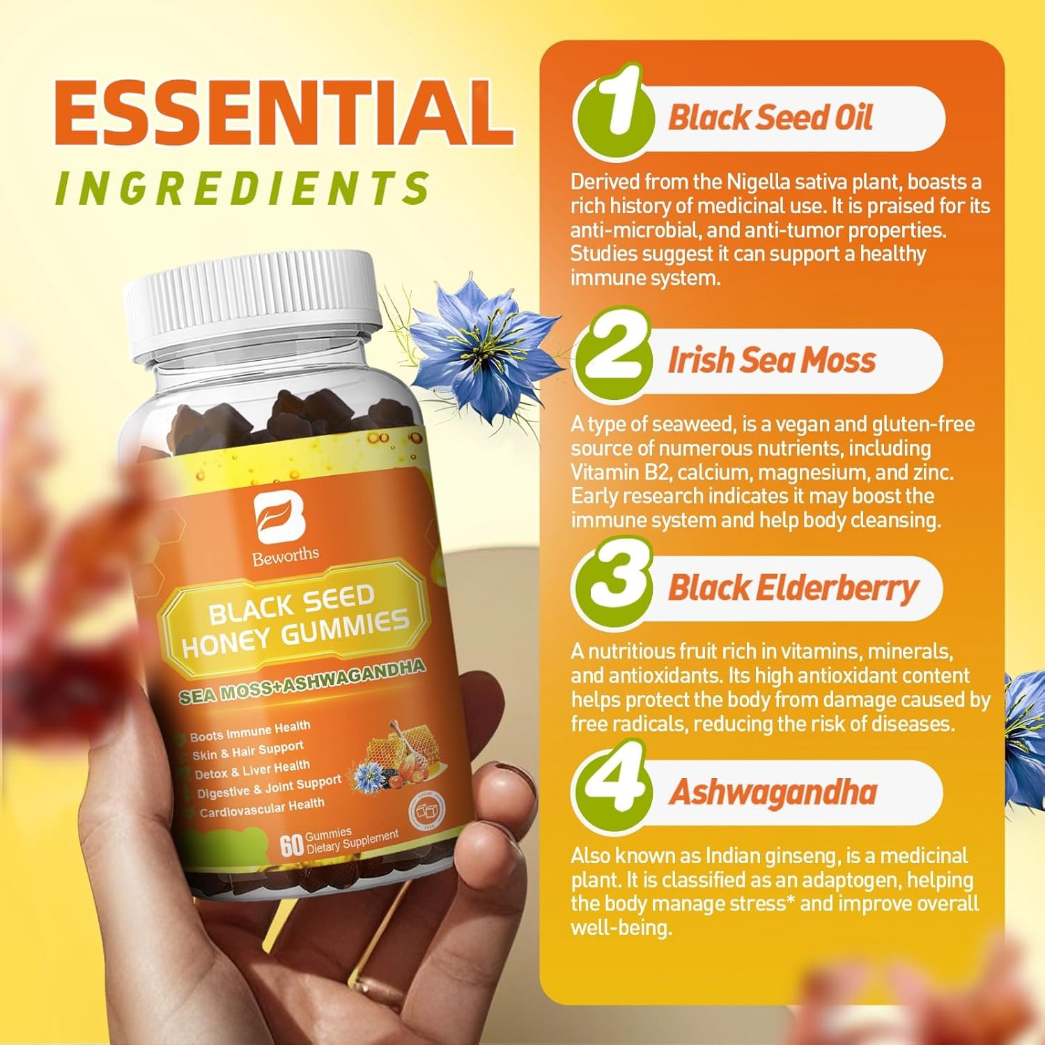 Immunity Support Gummies with Black Seed Oil, Sea Moss, Ashwagandha, Elderberry, and Vitamins - Vegan, 60 Count