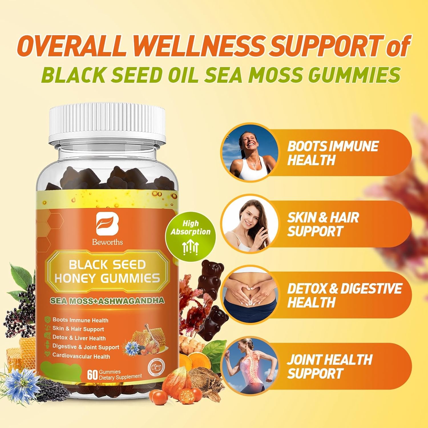 Immunity Support Gummies with Black Seed Oil, Sea Moss, Ashwagandha, Elderberry, and Vitamins - Vegan, 60 Count