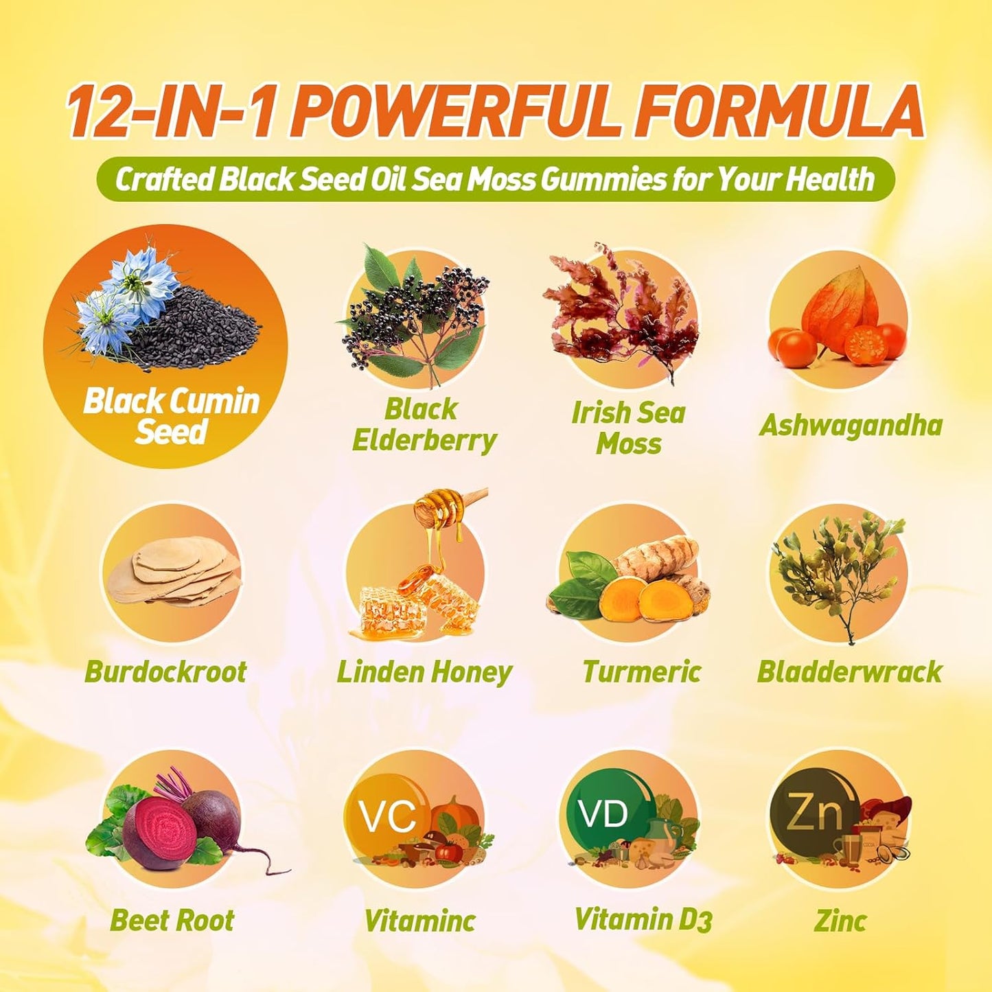 Immunity Support Gummies with Black Seed Oil, Sea Moss, Ashwagandha, Elderberry, and Vitamins - Vegan, 60 Count