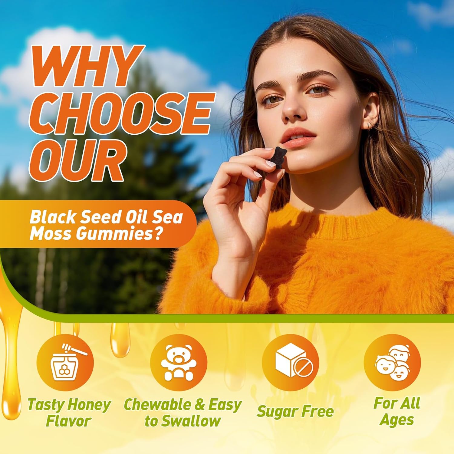 Immunity Support Gummies with Black Seed Oil, Sea Moss, Ashwagandha, Elderberry, and Vitamins - Vegan, 60 Count