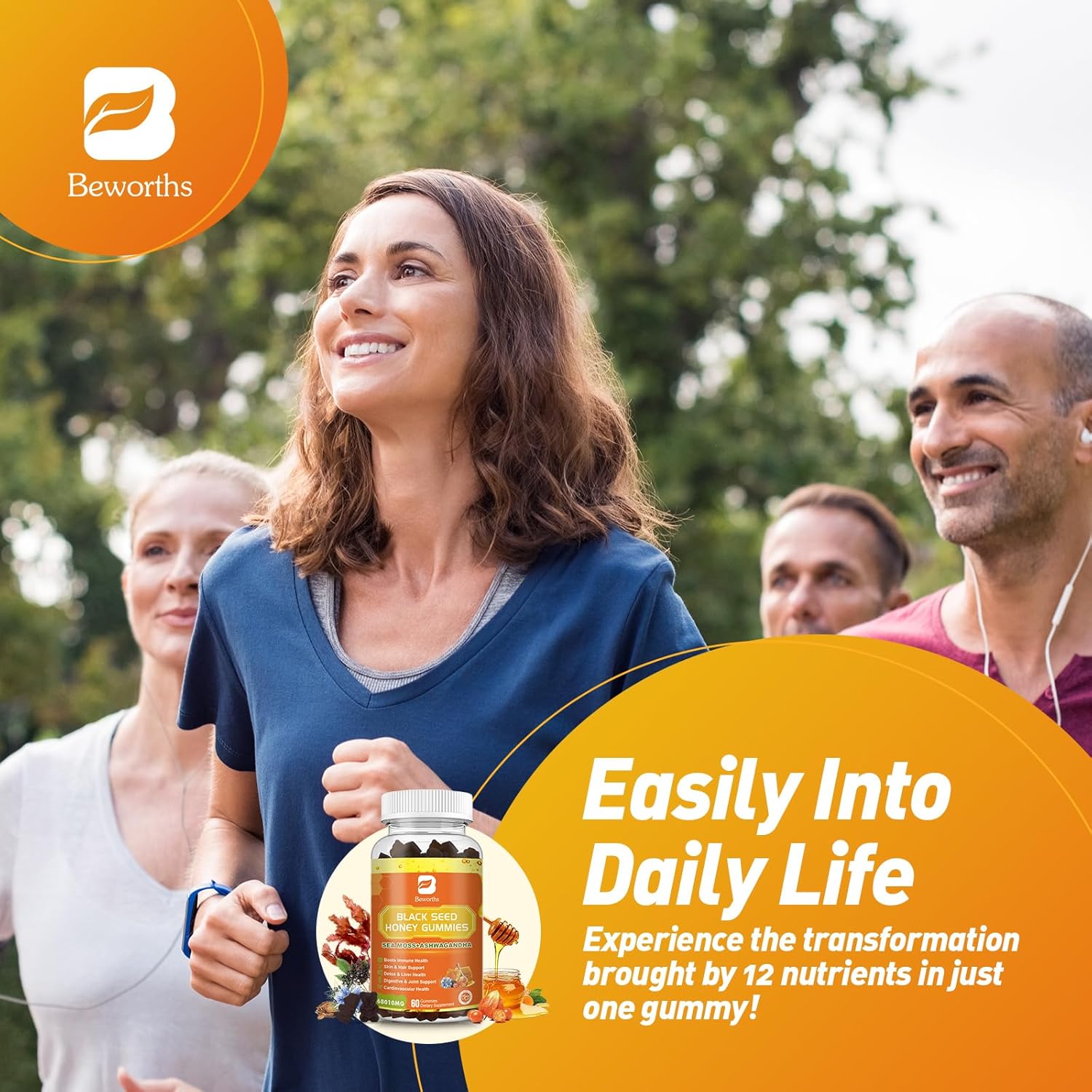 Immunity Support Gummies with Black Seed Oil, Sea Moss, Ashwagandha, Elderberry, and Vitamins - Vegan, 60 Count