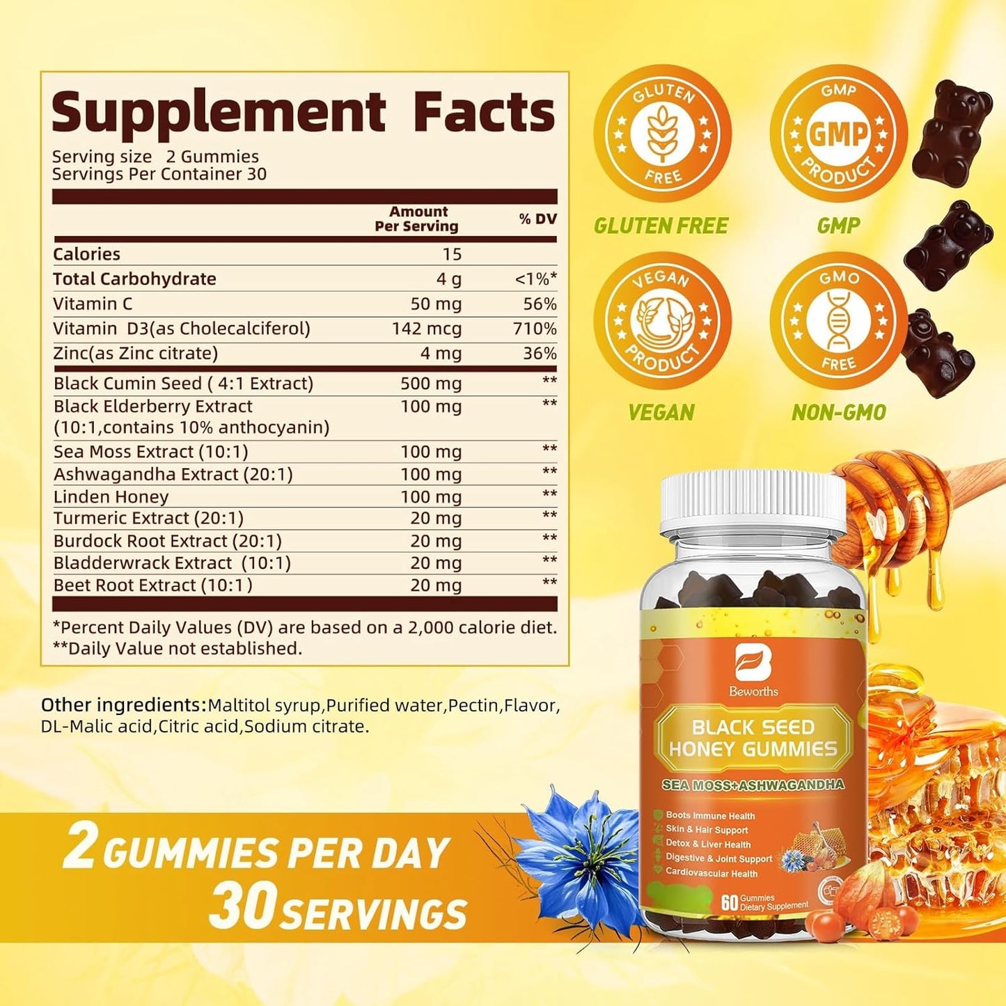 Immunity Support Gummies with Black Seed Oil, Sea Moss, Ashwagandha, Elderberry, and Vitamins - Vegan, 60 Count