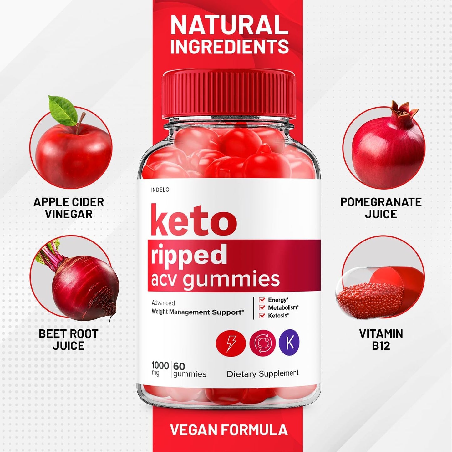 Indelo Keto Ripped ACV Gummies - Advanced Weight Management Supplement with Apple Cider Vinegar - Extra Strength (60 Gummies)