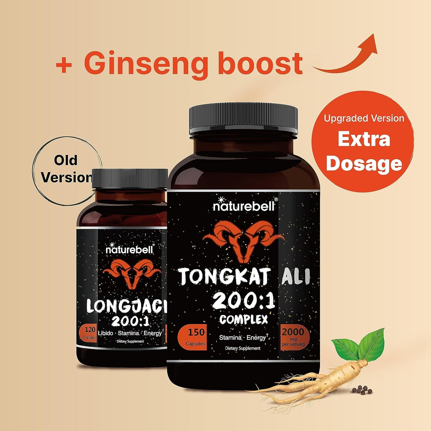 Indonesian Tongkat Ali 200:1 Extract with Panax Ginseng, 2000mg Per Serving for Men's Energy, Stamina, & Health Support - 300 Capsules