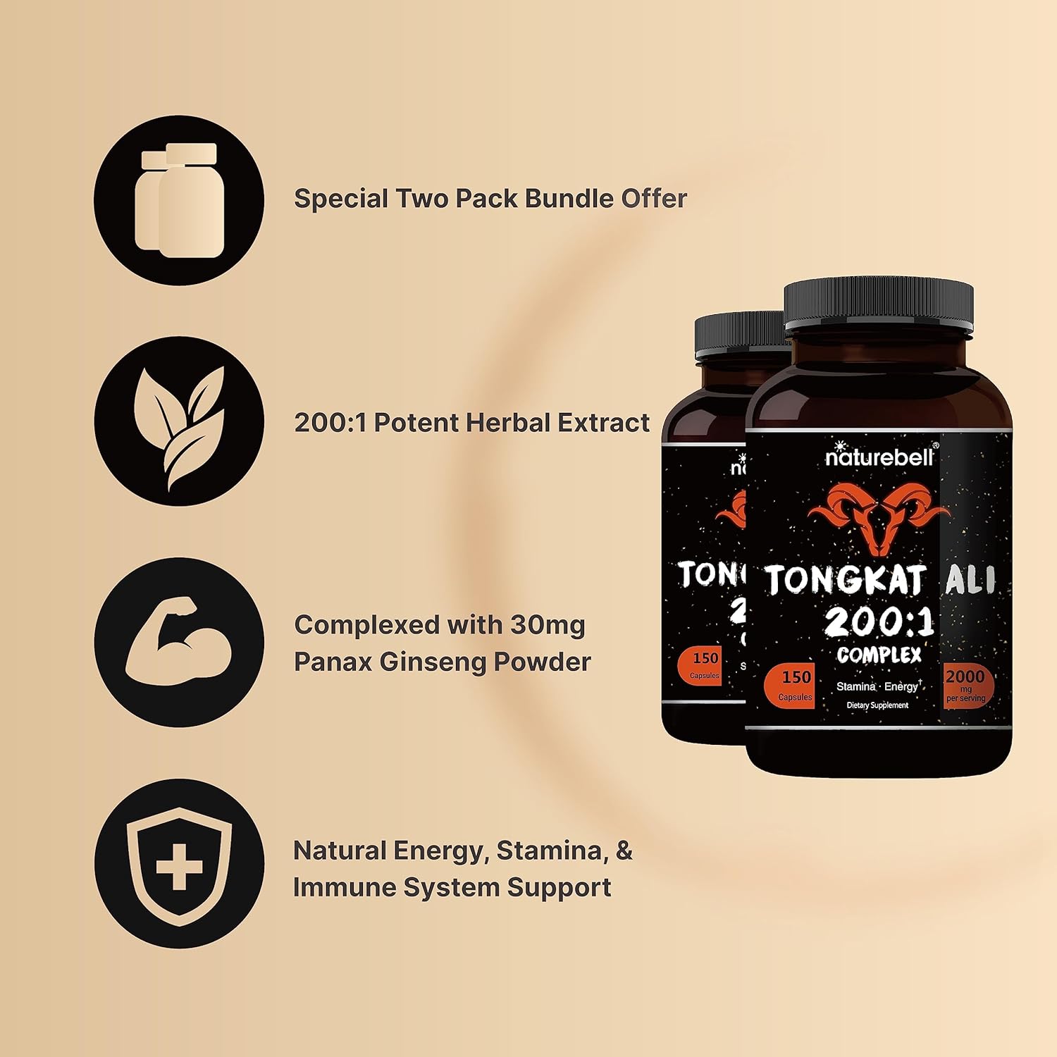 Indonesian Tongkat Ali 200:1 Extract with Panax Ginseng, 2000mg Per Serving for Men's Energy, Stamina, & Health Support - 300 Capsules