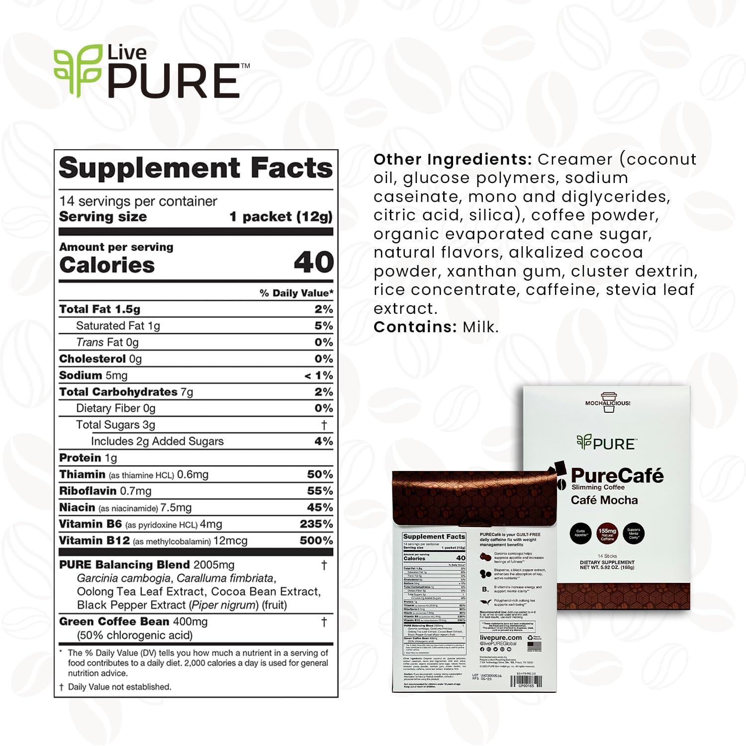 Indulge in PureCafé Mocha with Green Coffee Extract and Garcinia Cambogia for Weight Loss, Boosted with B Vitamins and Oolong Tea - Sweetened with Stevia