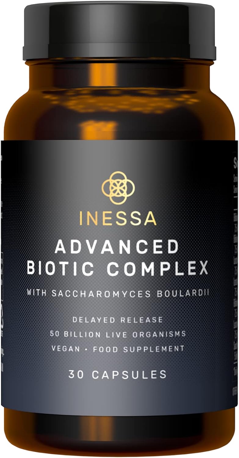 Inessa Advanced Biotic Complex: 50 Billion CFU Probiotic Supplement for Men & Women - 7 Strain Dairy Soy Gluten Free - Gut & Digestive Health - 30 Vegan Capsules