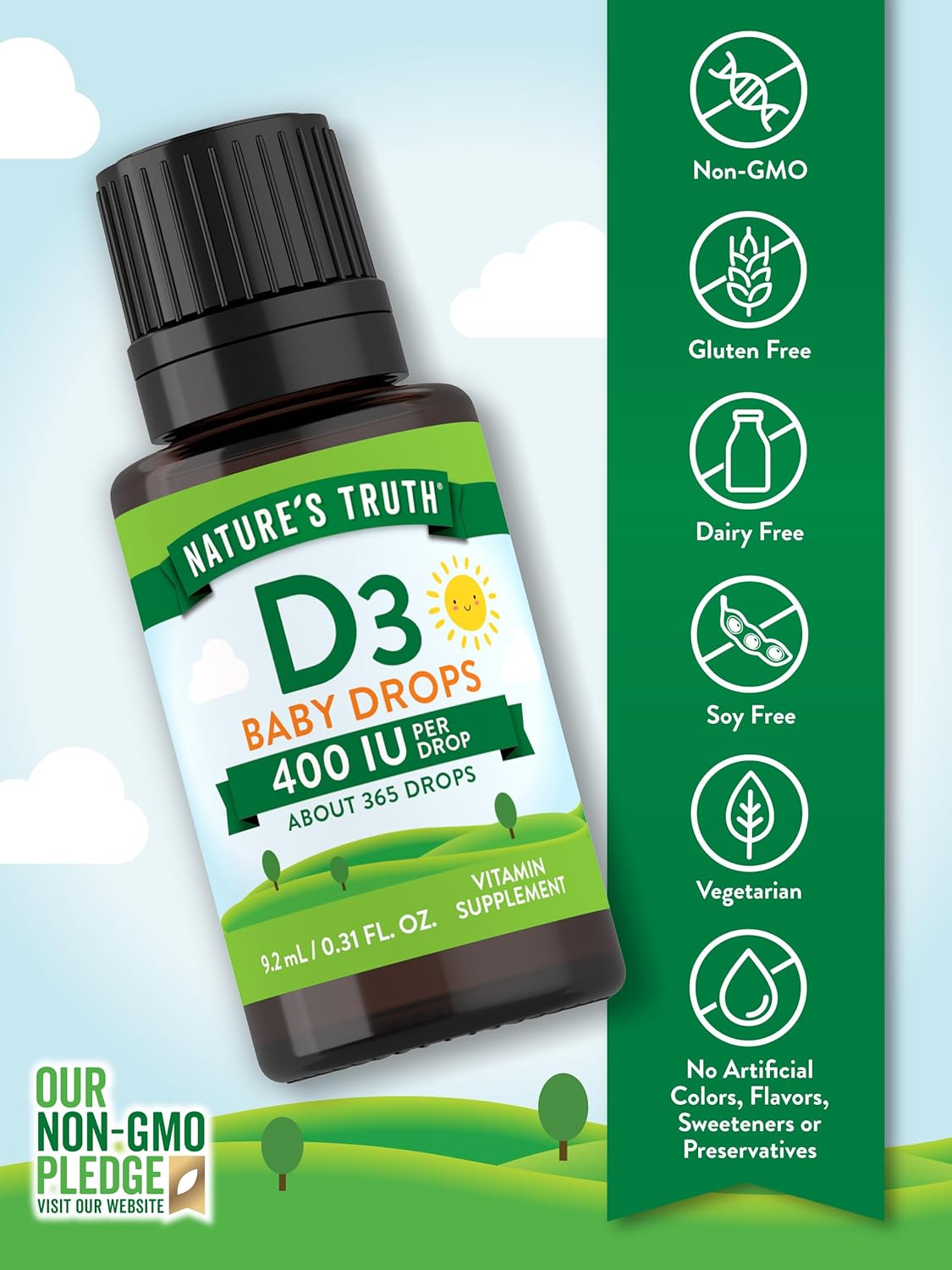 Infant Vitamin D3 Drops | 400 IU | 9.2 mL | Vegetarian & Non-GMO | Kids Supplement