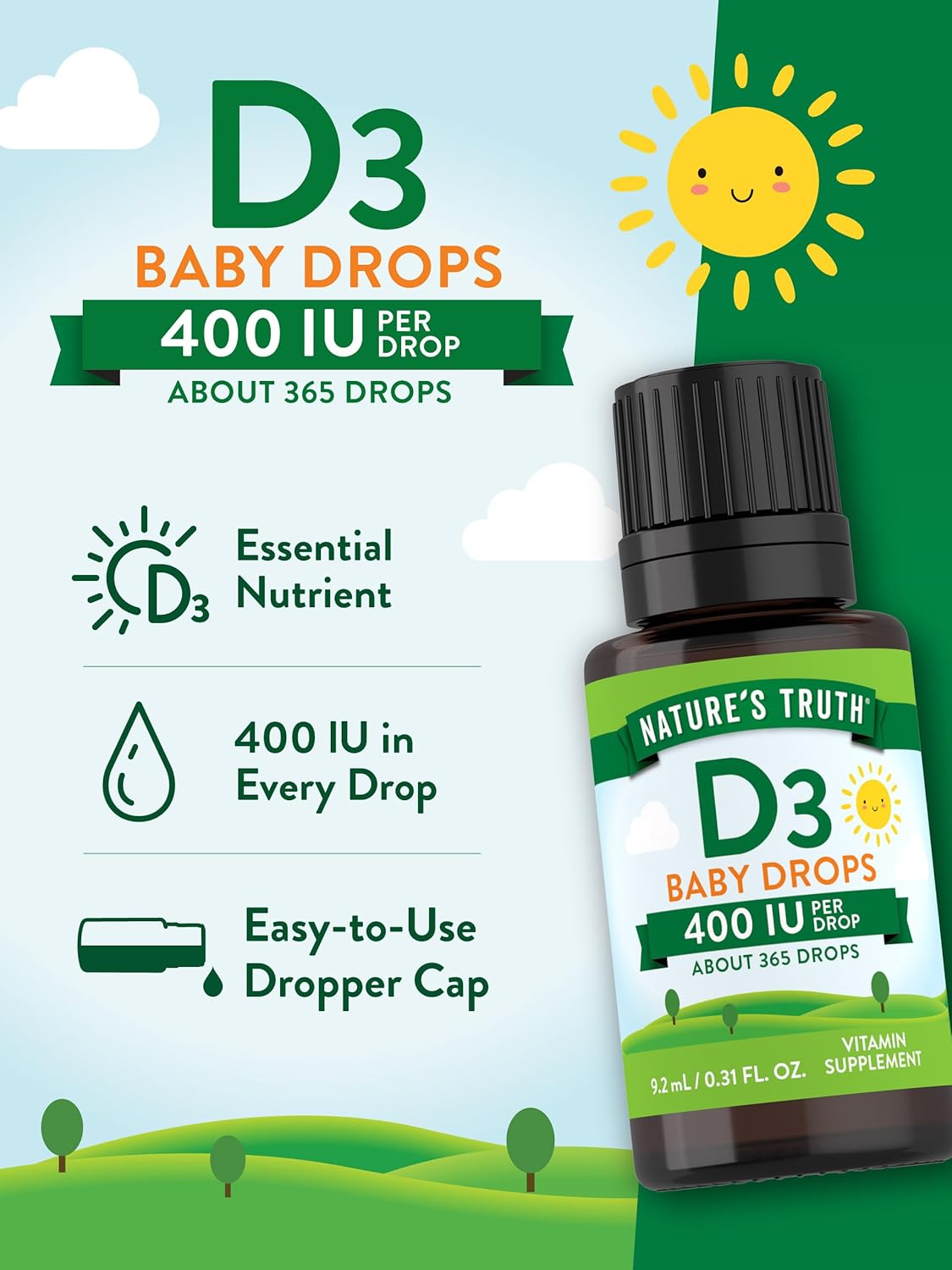 Infant Vitamin D3 Drops | 400 IU | 9.2 mL | Vegetarian & Non-GMO | Kids Supplement