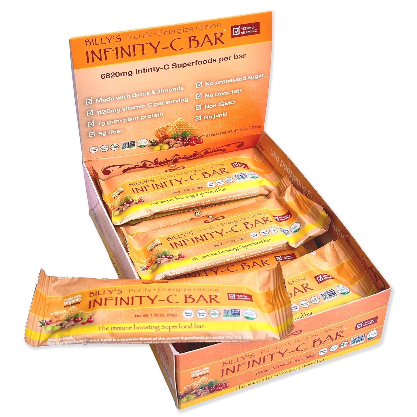 Infinity Greens Infinity C Superfood Bars - Immune Boosting Healthy Energy Bars with Whole Food Vitamin C - Camu Camu, Acerola, Amla, Shilajit - Raw, Gluten Free, Non GMO - 1125mg