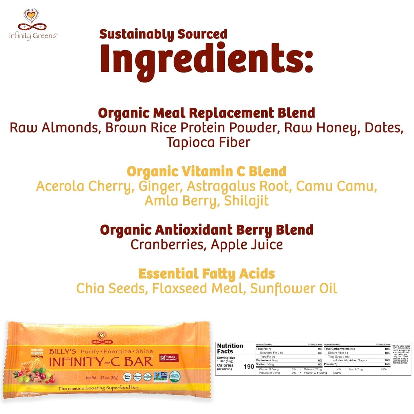 Infinity Greens Infinity C Superfood Bars - Immune Boosting Healthy Energy Bars with Whole Food Vitamin C - Camu Camu, Acerola, Amla, Shilajit - Raw, Gluten Free, Non GMO - 1125mg