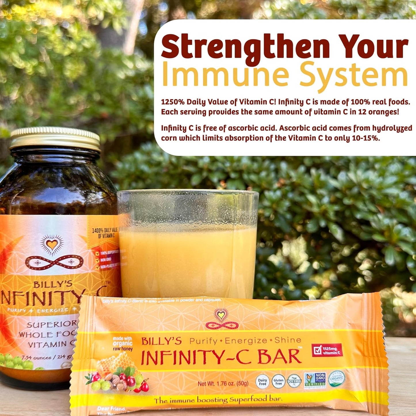 Infinity Greens Infinity C Superfood Bars - Immune Boosting Healthy Energy Bars with Whole Food Vitamin C - Camu Camu, Acerola, Amla, Shilajit - Raw, Gluten Free, Non GMO - 1125mg