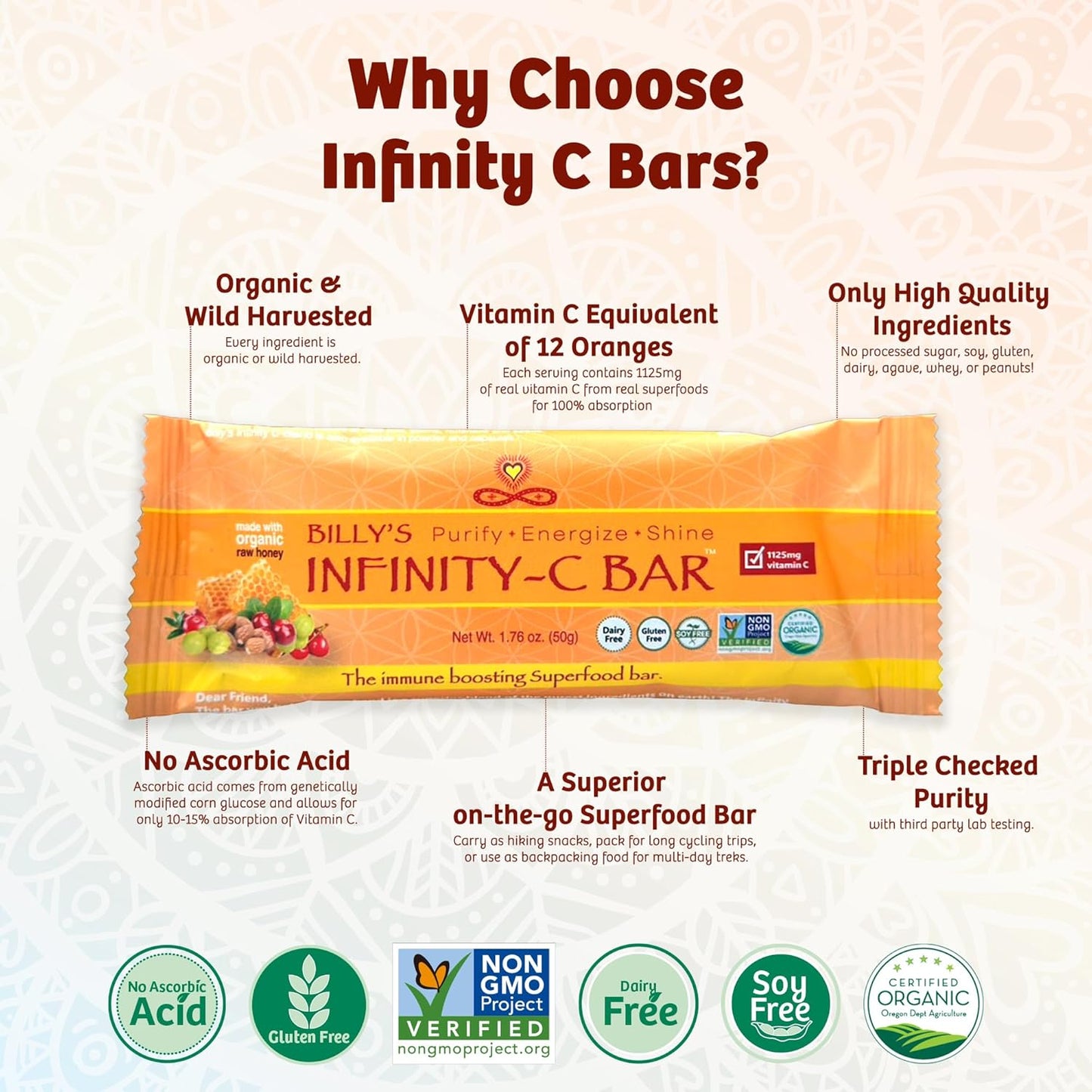 Infinity Greens Infinity C Superfood Bars - Immune Boosting Healthy Energy Bars with Whole Food Vitamin C - Camu Camu, Acerola, Amla, Shilajit - Raw, Gluten Free, Non GMO - 1125mg