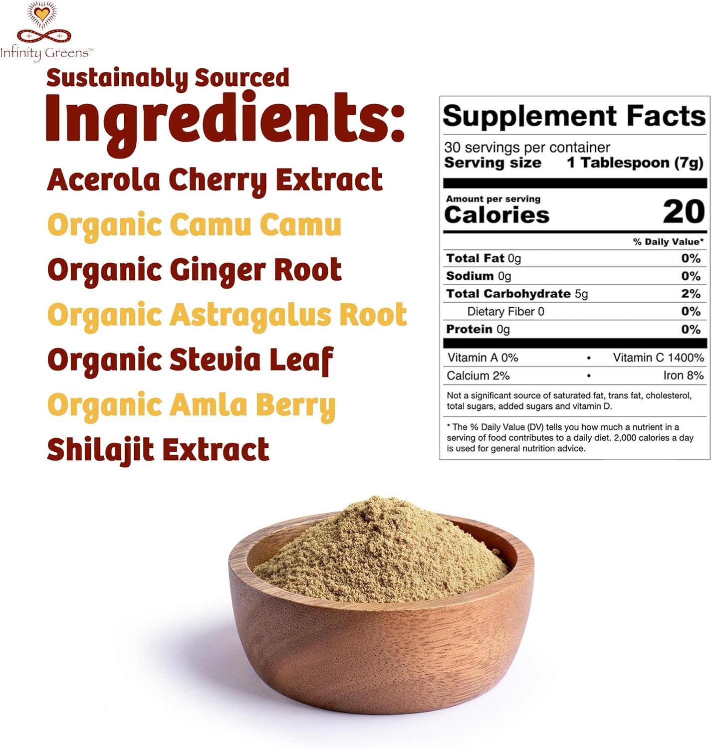 Infinity Greens Organic Vitamin C Powder with Acerola, Camu Camu, Amla - 1000mg Whole Food Vitamin C for Immune Support - Superfoods Blend with Shilajit, Astragalus Root, Ginger (30 Servings)