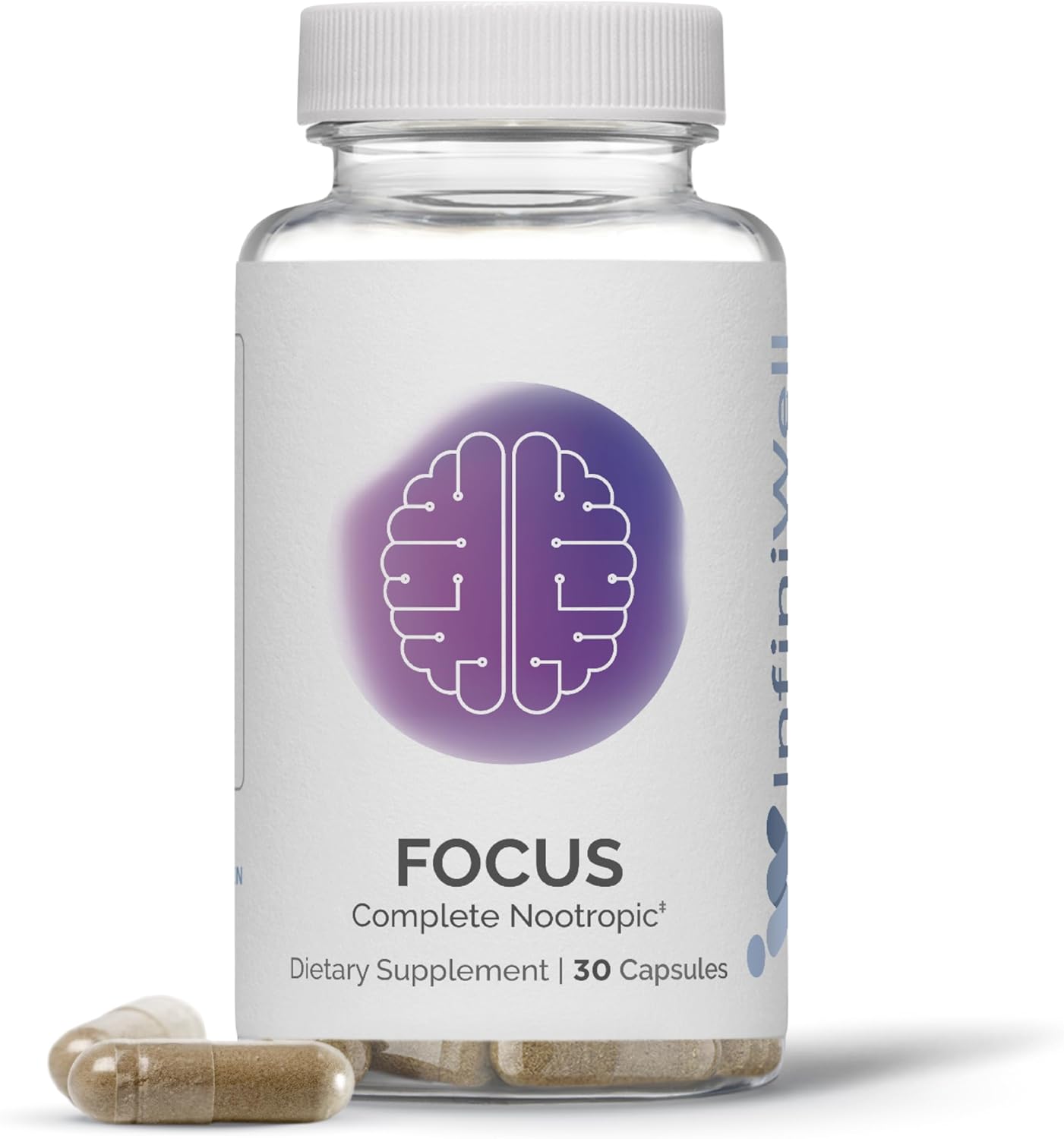 InfiniWell Focus Nootropic Supplement with Rhodiola, Lutein, Natural Caffeine - Memory, Cognitive Function, and Vision Support - 30 Capsules