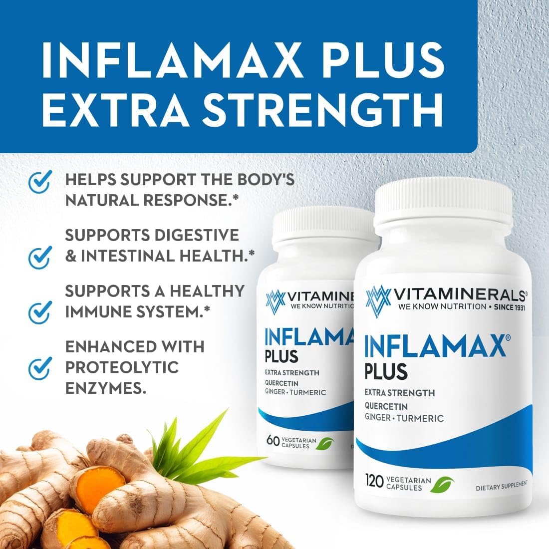 Inflamax® Plus Supplement with Quercetin, Proteolytic Enzymes, Ginger, and Turmeric in Veggie Caps for Immune Support