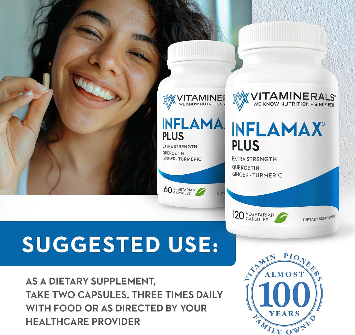 Inflamax® Plus Supplement with Quercetin, Proteolytic Enzymes, Ginger, Turmeric - 121+ Vitaminerals in Veggie Caps